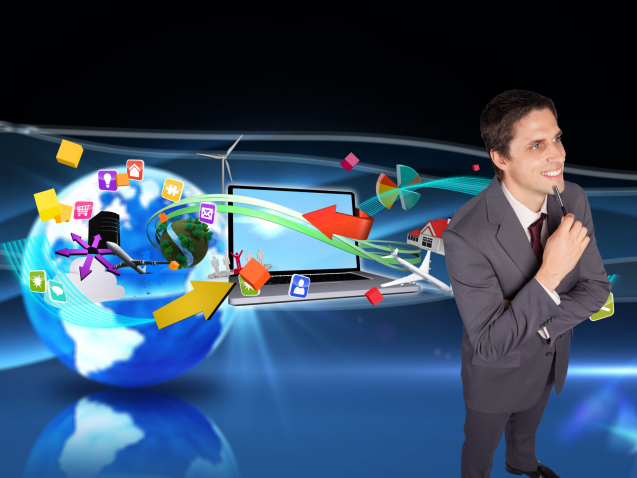 Thinking businessman holding pen against digital earth background